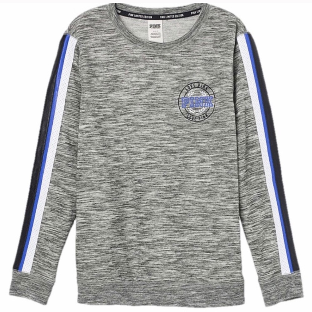 VS PINK Heather gray sweatshirt faux leather stripes